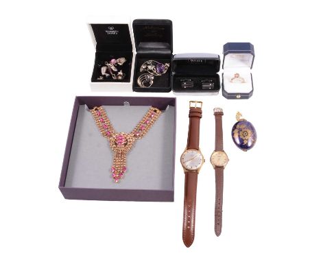 A collection of silver and costume jewellery, and three wristwatches, a Helen West silver brooch decorated with trailing leav