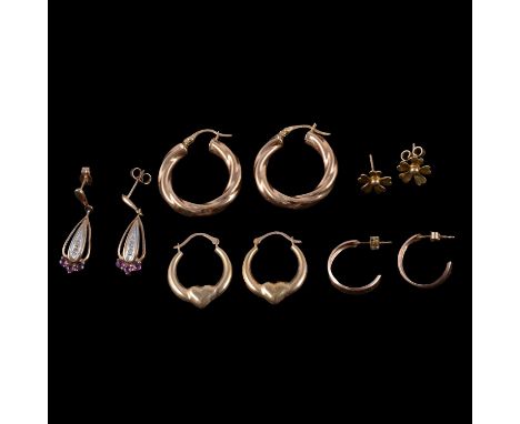 Five pairs of yellow gold / yellow metal earrings for pierced ears, a pair of ruby and diamond drop earrings, each earring wi