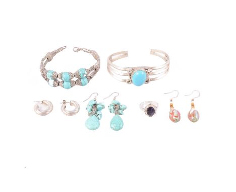 White metal jewellery, Blue John, turquoise, Chinese bangle, and earrings for pierced ears, a Blue John ring, the oval caboch