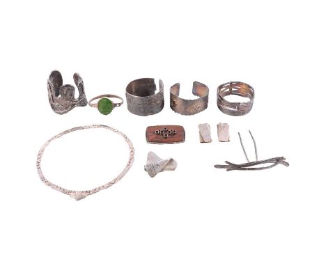 A collection of white metal Brutalist style jewellery, Jacob Hull for Buch &amp; Deichmann - a 64mm wide Brutalist style whit