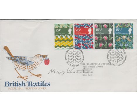 Mary Quant Signed FDC (British Fashion Designer) British Textiles. 4 stamps plus double postmarked 23 July 1982. Good conditi