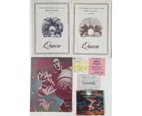 QUEEN MEMORABILIA INC SIGNED CD. Six pieces of Queen memorabilia to include: Roger Taylor - Happiness (Parlophone ?– 7243 8 3