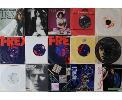 GLAM 7". A collection of 46 x 7" records to include artists/titles to include T.Rex/Marc Bolan (x11) - Zip Gun Boogie/Space B