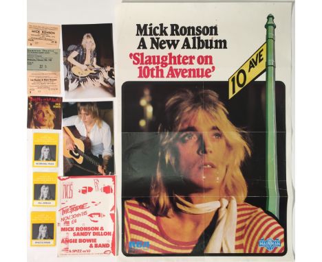 MICK RONSON POSTER AND MEMORABILIA. Assortment of Mick Ronson memorabilia to include: folded 1974 'Slaughter' poster (27.5 x 