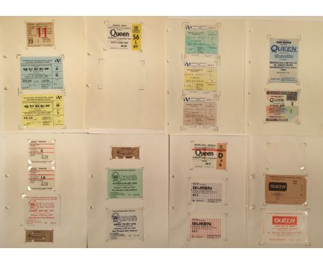 QUEEN TICKET ARCHIVE. Super archive of approx 23 Queen concert tickets, all affixed (though removable without damage) to A4 s