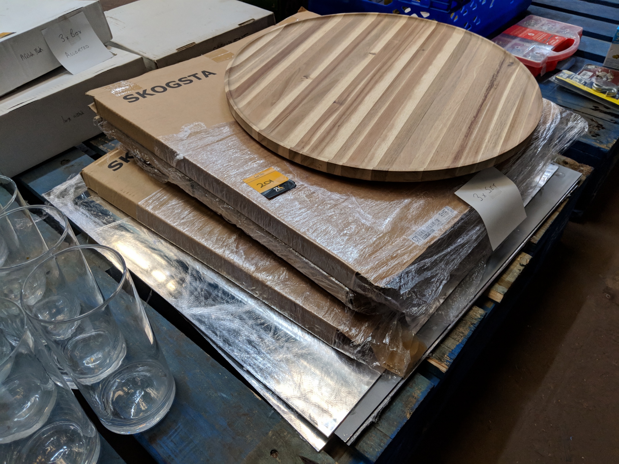 3 off Ikea Skogsta large round wooden serving trays plus 4 large