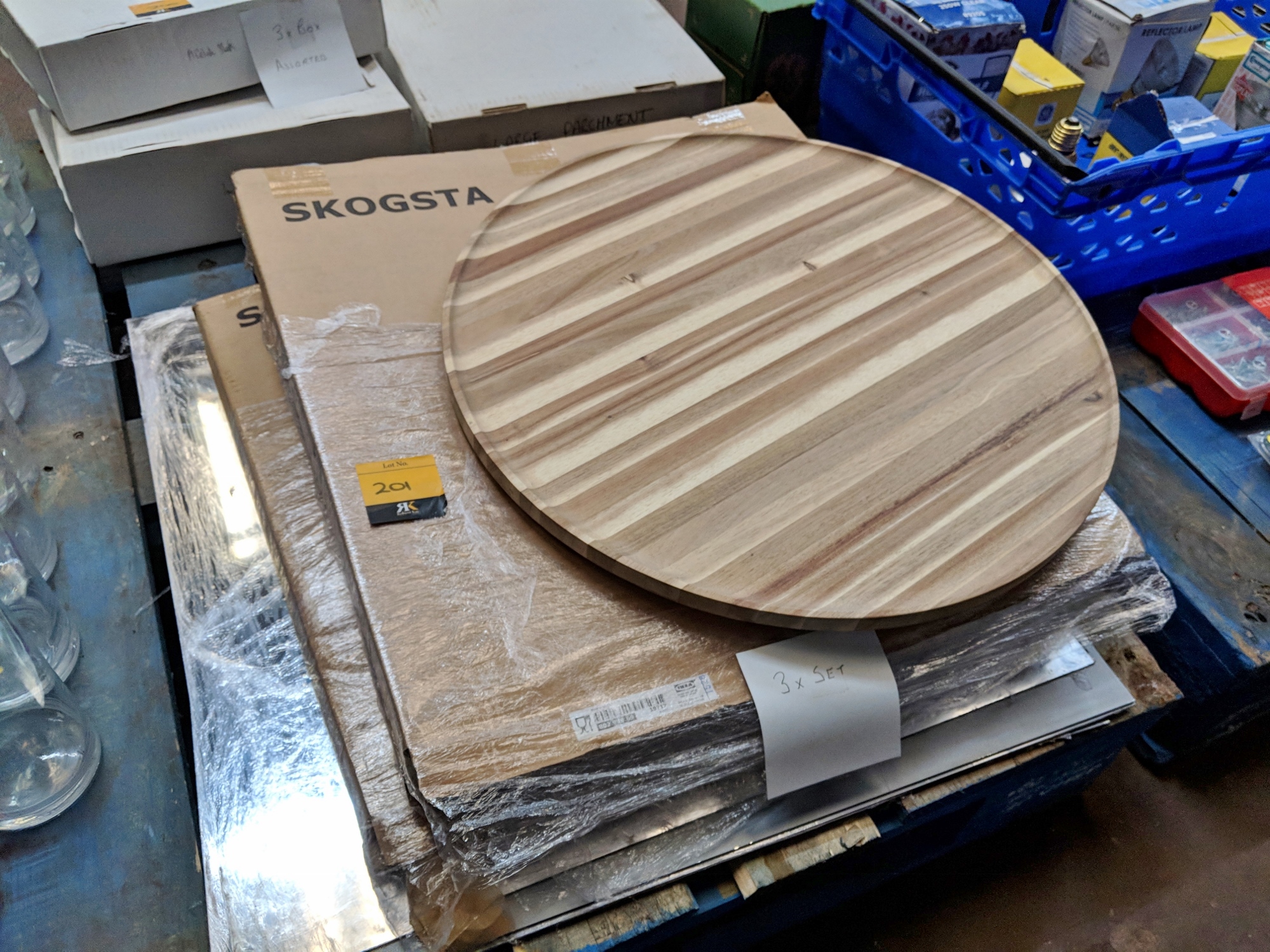 3 off Ikea Skogsta large round wooden serving trays plus 4 large
