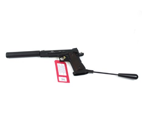 A G.S.G. long barrel .22 Cal self loading pistol model 1911. In as new condition with original hard carry case, magazine, man