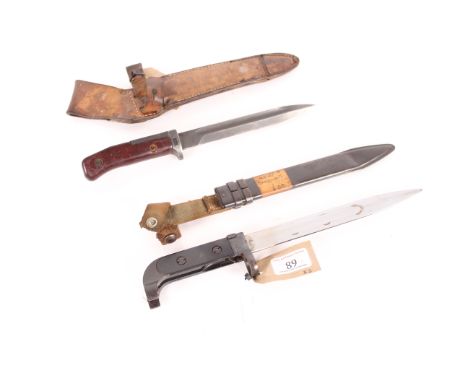 A Czech VZ58 bayonet with leather sheath, with an AK47 bayonet (black grips) having an as found scabbard (2)