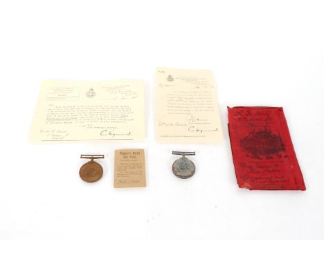 A WWI Mercantile Marine medal with bag of issue and B.W.M. Both marked to William R. Tovell, also included related paperwork