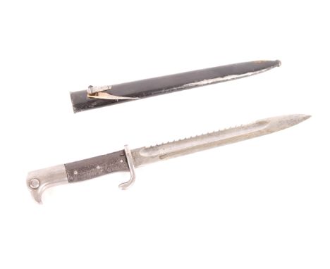A German short model 1898 knife bayonet (KS98) with saw back blade and three rivet leather grip, (NB scabbard possibly not th