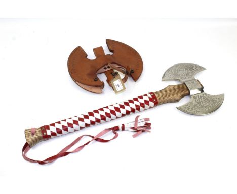 A replica "Viking" style double headed axe with leather sheath