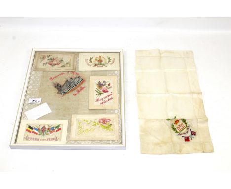 A WWI era framed and glazed display of silks with a separate Suffolk regiment handkerchief