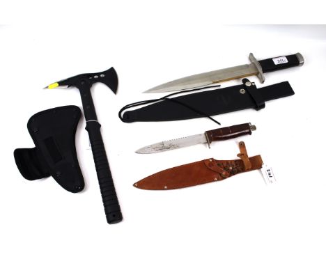 A Gil Hibben "Design Series" Bowie knife within leather sheath; and a camping axe/tool and a small sheath knife AF (3)