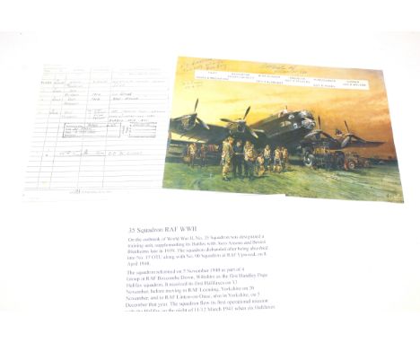 R.A.F. interest, signed print by three pathfinder crew members of 35 Squadron R.A.F. Flt. V. Stevens, Air Gunner  Sgt. R Wils