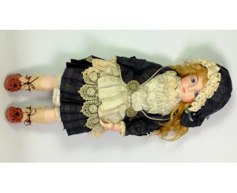 Sandra Everett Bru Jne no.13 reproduction bisque head doll, on a leather body with bisque lower arms and composite legs, date