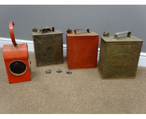 Chalwyn red BR Railway Lamp & Esso, Shell & Shell Mex three fuel cans with brass caps & three other brass caps   Condition Re