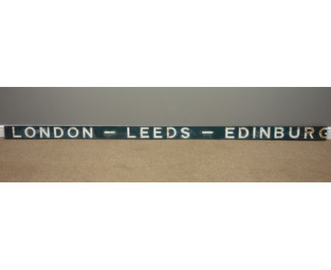 Railway Carriage Board - London Leeds Edinburgh, white lettering on blue board, circa 1970s, L312cm    Condition Report  Part
