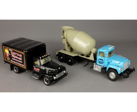 First Gear 1:34 scale die cast metal model: Mack R-Model Mixer Concrete Supply, & a 1957 Maytag 'Highlander Dry Goods Van wit