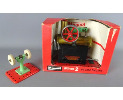 Mamod Minor 2 Steam Engine, in original red card box, & a Mamod miniature Polishing Machine (2)   Condition Report  Model lit