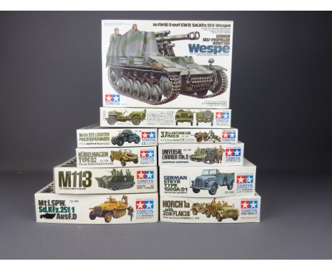 Ten Tamiya 1:35 scale model tank & other military vehicle kits: Panzerspahwagen, 3.7cm Antitank Gun, Kubelwagen Type 82, Will