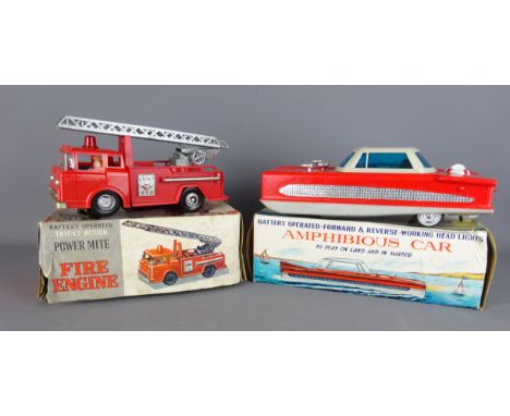 Marx Battery Operated Tricky Action Power Mite Fire Engine & a Japanese Amphibious Car, both boxed (2)   Condition Report  Ma