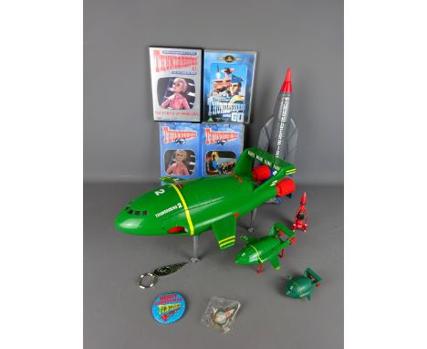 Thunderbirds Matchbox large TB2 with TB4 in pod & similar sml. die cast, Carlton large TB1, International Rescue key ring & e