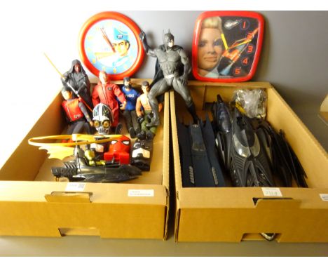 Batman, Action Man, Captain Scarlet & other Action figures, vehicles etc & two Thunderbirds wall clock   Condition Report   C