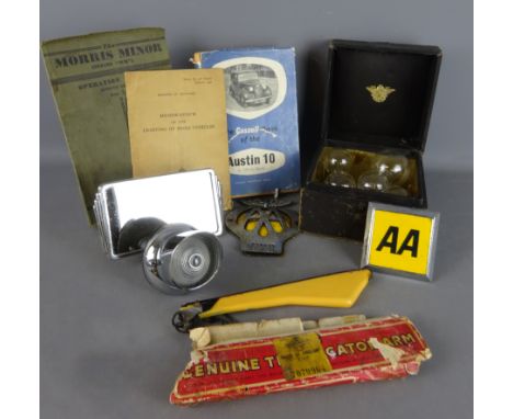 Austin 10 rear view mirror in chrome surround, set of light bulbs in box, Cassell Austin 10 book, old AA badge No.1B58921, in