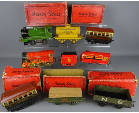 Hornby Series 0 gauge LNER 0-4-0 loco. 208, NE timber wagon & truck, two Pullman carriages (lack wheels), all boxed, Hornby 0