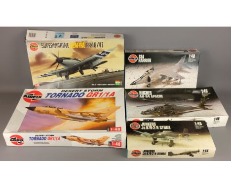 Five Airfix 1:48 scale model aircraft kits: Junkers Ju87B-2/R Stuka, Supermarine Seafire FR46/47, Hughes AH-64 Apache, Desert