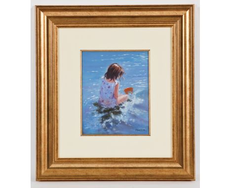 * MARJORIE WILSON,
PLAYING IN THE SURF
oil on board, signed
25cm x 20cm
Mounted, framed and under glass