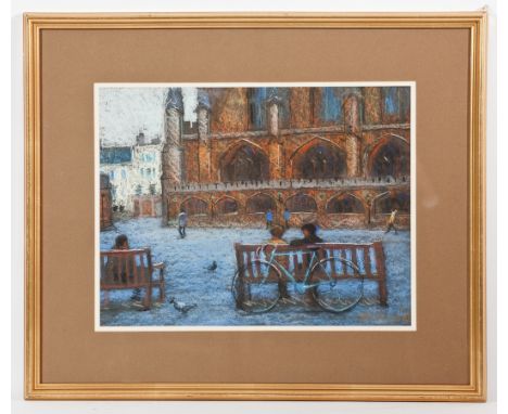 * JOHN MACKIE,
LOVERS ON A BENCH
pastel on paper, signed
36.5cm x 47.5cm
Mounted, framed and under glass 
Label verso: Alasta