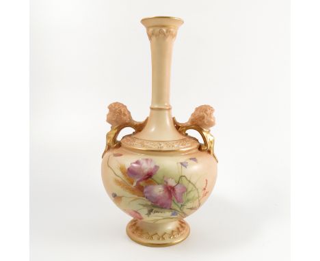 A Royal Worcester blush ivory vase, with putti heads to the handles, decorated with flowers, shape number 1956, dated 1906, h