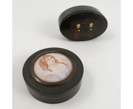 A circular wooden box, the top inset with a circular miniature of a woman with red curly hair, diameter 3.75ins, together wit