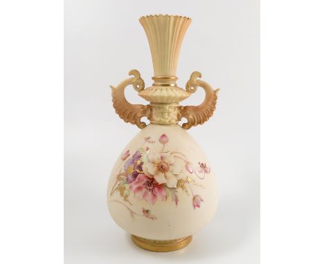 A Royal Worcester blush ivory vase, with moulded neck and handles, the decorated with flowers, shape number 1327, dated 1896,