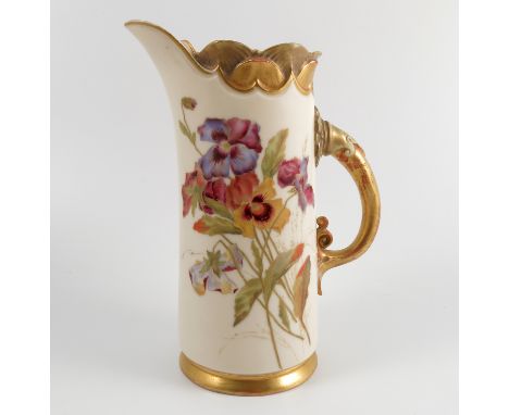 A Royal Worcester ivory jug, with gilt neck and handle, decorated with flowers, shape number 1229, dated 1890, height 8ins Co