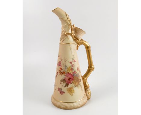 A Royal Worcester blush ivory jug, with bamboo moulded neck and handle, the body decorated with flowers, shape number 1333, d