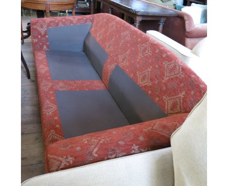 A scroll end sofa, in rust cut upholstery, width 96ins