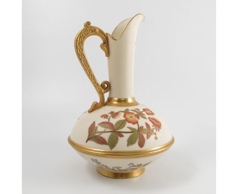 A Royal Worcester ivory ewer, decorated with flowers, with waisted body, shape number 1162, dated 1888, height 10.25ins