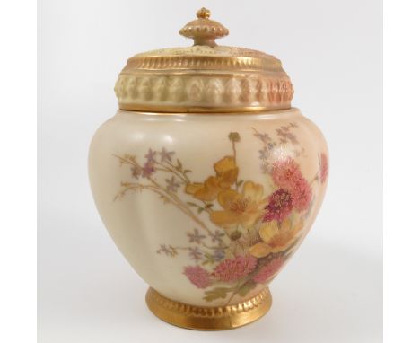 A Royal Worcester blush ivory pot pourri, with pierced cover and inner cover, the quarter lobbed body printed painted with fl