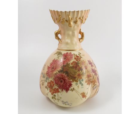 A Royal Worcester blush ivory vase, with coral moulded neck, the quarter lobed body decorated with flowers, shape number 1663