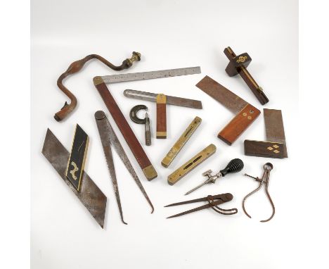 A collection of Vintage wood working tools, to include a folding rule with steel measure folding into a mahogany and brass ca