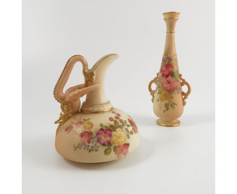 A Royal Worcester blush ivory ewer, with mythical beast handle, decorated with flowers, shape number 1048, dated 1903, height