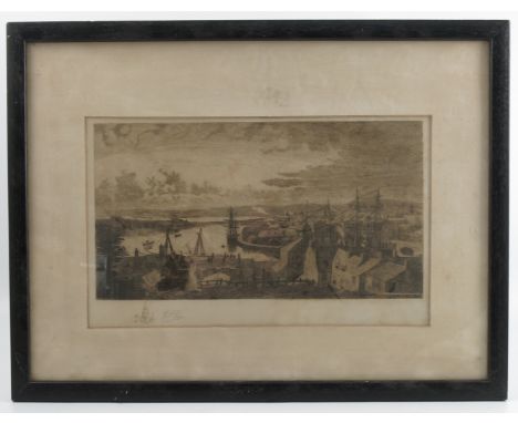 An etching of a harbour scene, depicting tall ships and townscape, signed in pencil Will Pye, 8.5ins x 14ins Condition report