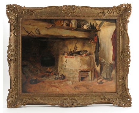 A 19th century oil on canvas, interior scene with children playing, 13.75ins x 17.5ins