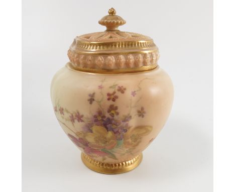 A Royal Worcester blush ivory pot pourri, with pierced cover and inner cover, the quarter lobed body printed painted with flo