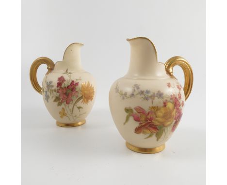 Two Royal Worcester blush ivory flat back jugs, decorated with flowers, shape number 1094, dated 1901, height 5ins