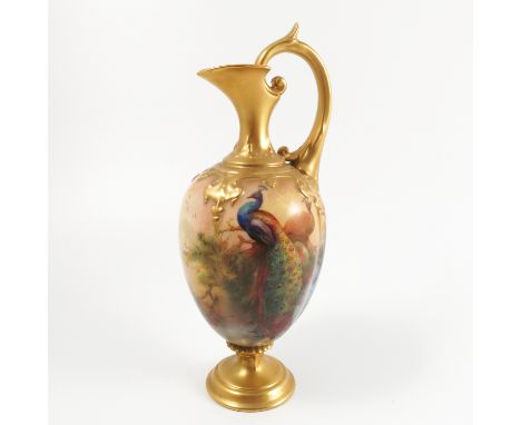 A Royal Worcester pedestal ewer, with gilt neck and handle, the quarter lobed body decorated with peacocks in a pine tree by 