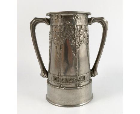 A Liberty Tudric pewter two handled vase, designed by David Veazey, decorated with trees and with motto For Old Times' Sake, 